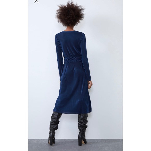 Zara Satin Navy Blue Pleated Dress - Picture 5 of 7